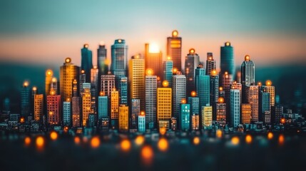 Fototapeta premium Modern cityscape panorama at dusk captivating urban skyline with vibrant buildings and soft sunset glow reflecting off architectural marvels