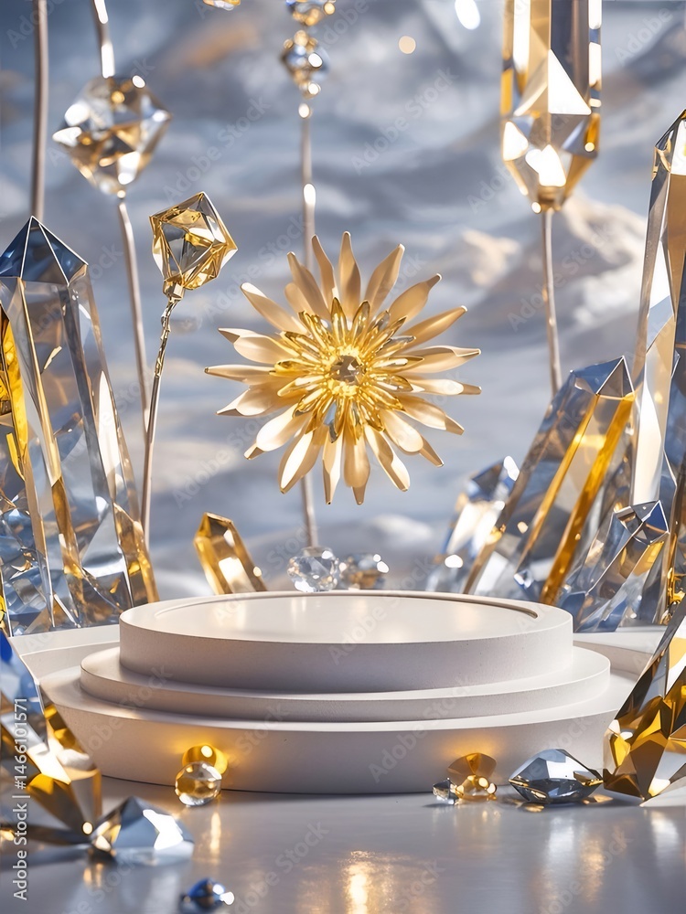 Aufkleber 白いステージ上の金のひまわりと透明な結晶の贅沢な展示 デザイン要素と幾何学的な背景