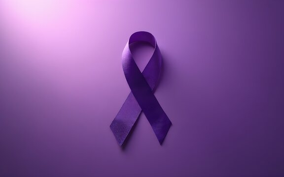 Purple day. World epilepsy day. Purple ribbon on purple background isolated with white highlights, png. High quality - Powered by Adobe