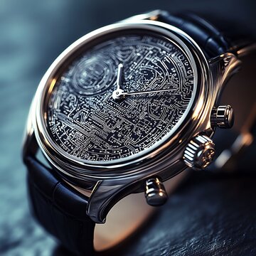 Circuit Dial Watch, Silver Bezel, Leather Strap, Clock Hands, Timepiece, Closeup