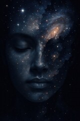 Ethereal portrait blending human features with cosmic elements, symbolizing connection to the universe and introspection.