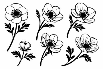 anemone icon set sihouette black vector bundle