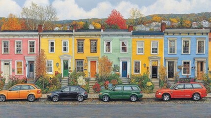 Obraz premium Artistic vibrant row houses under fall foliage artistic rendering of residential buildings showing urban neighborhood lifestyle