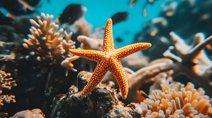Starfish Sanctuary: An alluring, captivating underwater scene, capturing the radiant starfish amidst the colorful coral formations, with an intriguing deep-sea ambiance.