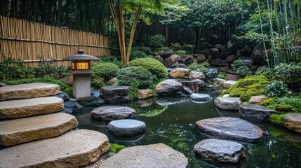 Obraz premium Serene Japanese garden with stepping stones and water feature in tranquil natural setting