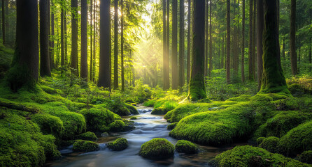 Obraz premium serene forest scene with tall trees, vibrant green moss, and gentle stream flowing through landscape creates peaceful atmosphere. sunlight filters through leaves, enhancing natural beauty