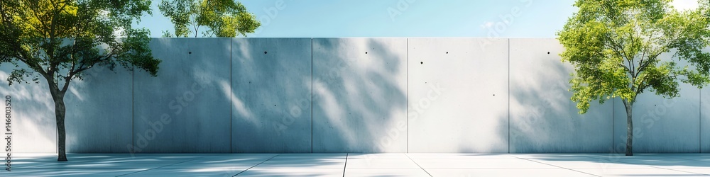 Poster 白コンクリート壁の横にある緑豊かな木の優雅なシーンと穏やかな青空の背景 モダンな都市の美学と自然の静けさの交差点