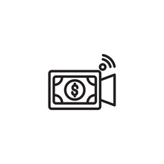 A video camera icon displaying a dollar sign ($) and radiating waves, representing monetizing video content online or streaming with potential earnings.