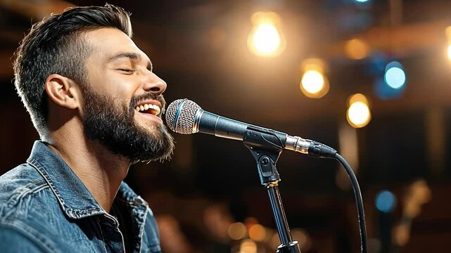 A jazz singer in a smoky lounge, crooning into a vintage microphone, filling the dimly lit room with smooth, nostalgic melodies.
