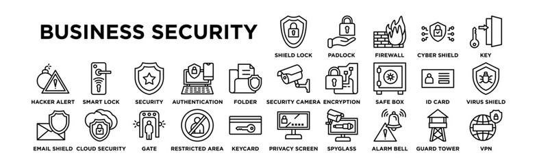 Business Security icon set. Editable Stroke Icon Collection. Shield Lock, Padlock, Firewall, Cyber Shield, Key, Security Camera, Data Encryption, Safe Box, ID Card, Virus Shield, Hacker Alert, Smart L