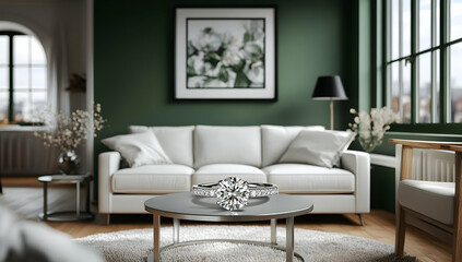 Diamond ring on modern coffee table in living room