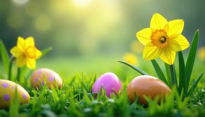 Fototapeta premium Yellow daffodils scattered amongst colorful Easter eggs hidden in spring grass , easter eggs hunt, egg hunt