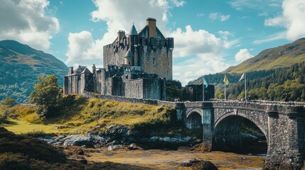 Obraz premium Stunning view of an ancient castle surrounded by mountains and vibrant fall colors in the highlands of Scotland