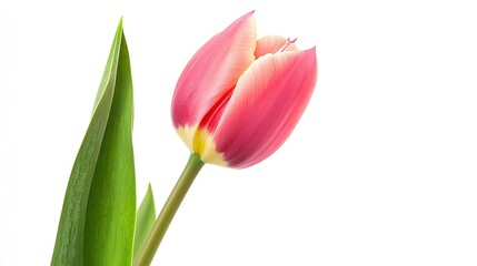 Naklejka premium Beauty of a Blooming Tulip with Lush Green Leaves Isolated on White Background, Cutout for Elegant and Nature-Inspired Design Projects