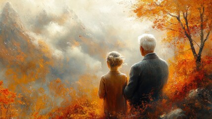 Obraz premium Elderly couple admires autumn mountain vista