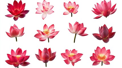 Fototapeta premium Collection of Stunning Red Lotus Flowers Isolated on White Background, Cutout for Elegant and Symbolic Design Projects