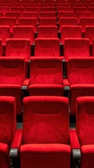 Obraz premium Rows of empty red theater seats arranged in a symmetrical pattern, conveying a sense of anticipation and readiness for an event