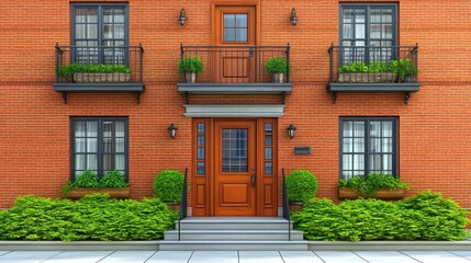 Obraz premium Charming red brick apartment facade with green potted plants on the balconies and main door for stylish urban living design