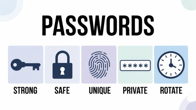 Password Security Guide infographics: An illustrative guide depicting five essential aspects of password security: strong, safe, unique, private, and rotate.