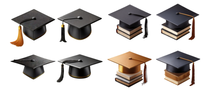 Colorful Graduation Caps and Books for Educational Celebrations, Isolated on Transparent, white background