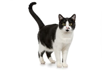 A striking black and white cat stands attentively against a clean white backdrop, its tail held high