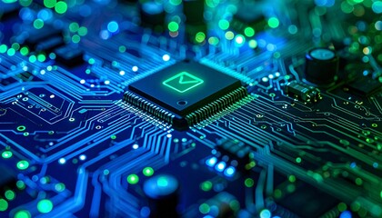 Computer chip with a green letter M on it. The chip is surrounded by a green circuit board