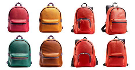 Colorful Collection of Stylish Backpacks Displayed in Nine Variations, Isolated on Transparent, white background