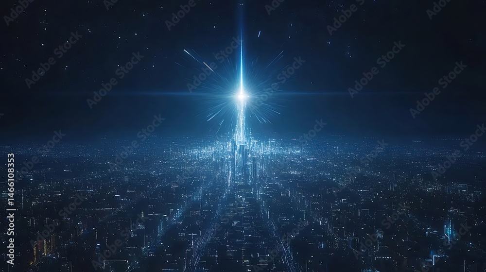 Poster 青い背景における抽象的な都市景観 夜空に輝く光とつながる未来的な技術の描写