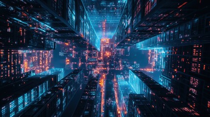Stunning aerial view of illuminated skyscrapers and bustling city streets at night