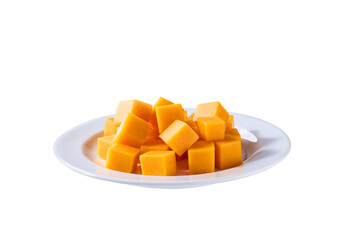 white plate with cheddar cheese cubes isolated on white background.