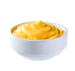Bowl with tasty cheddar cheese sauce isolated on white background.