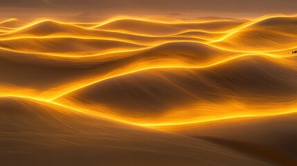 Sand dunes stretch across a desert landscape while camels traverse the undulating terrain at sunrise