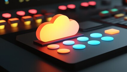 A glowing cloud icon sits atop a control panel, illuminated by vibrant, colorful LEDs.  The panel has numerous buttons and a dark background