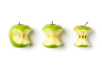 Three green apple cores in varying stages of consumption arranged on a white background