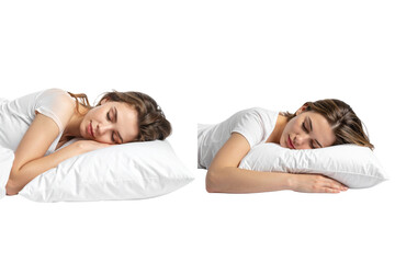  A young woman sleeping on a pillow, isolated on a transparent background
