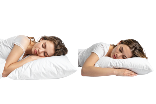  A young woman sleeping on a pillow, isolated on a transparent background