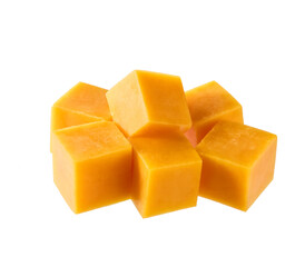 cheddar cheese sliced ​​into cubes isolated on white background.