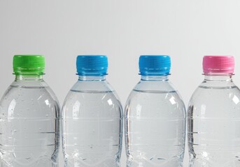 Naklejka premium Four plastic water bottles with colorful caps lined up against a white background