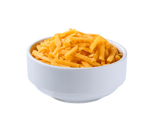 white ceramic bowl with shredded cheddar cheese isolated on a white background.