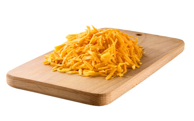 shredded cheddar cheese on a cutting board isolated on a white background.