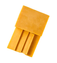 cheddar cheese cut into slices isolated on a white background, top view.