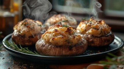 Delicious stuffed mushrooms on a plate, warm and savory.