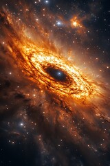 69. A captivating cosmic scene showcasing a galaxy filled with bright stars and swirling clouds of interstellar gas. The event horizon of a black hole creates a dark focal point in the center, 