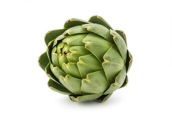 Fototapeta premium Close-up of a single, fresh artichoke with green leaves, isolated against a plain white background