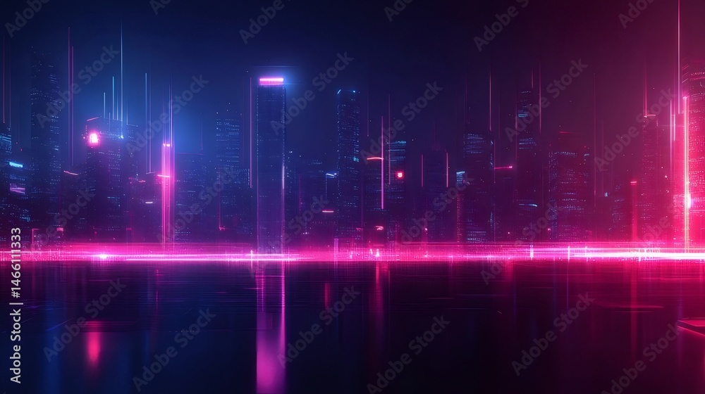 Aufkleber ネオンの光が反射する未来的な都市夜景、青とピンクの照明、高層ビル群のスカイライン、抽象的な背景に輝く建造物