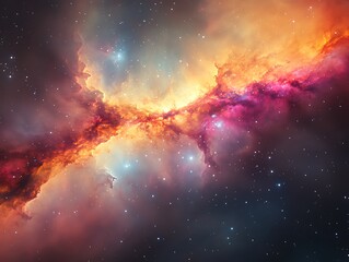 Fototapeta premium 75. A serene cosmic landscape depicting a galaxy filled with shimmering stars and colorful interstellar clouds. The gentle curves of the galaxy’s arms create harmony, while the event horizon 