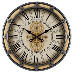 Antique Round Wall Clock with Roman Numerals and Gears