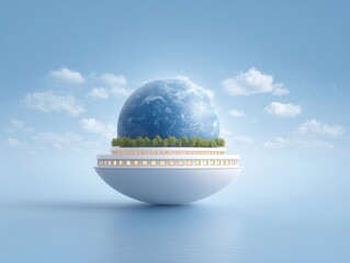 A surreal floating sphere with trees and buildings, resembling a futuristic eco-city, hovers above calm water under a blue sky with clouds.