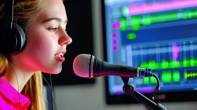 A singer recording vocals in a high-tech studio, using a professional microphone and soundproofing equipment to capture crystal.