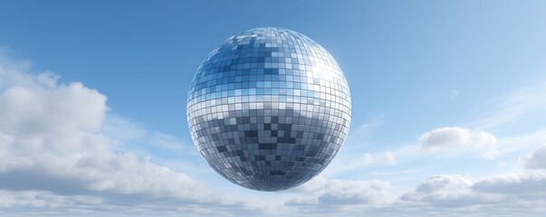 A large reflective sphere made of metallic tiles floats in a bright blue sky with scattered clouds.